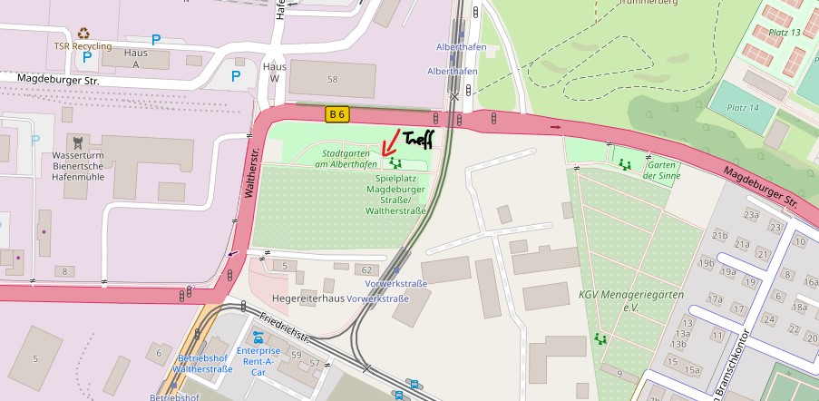 Kartenausschnitt von Openstreetmap, der den genauen Treffpunkt mit einem Pfeil anzeigt
